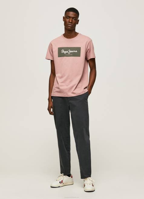 Pepe Jeans brodeerattu logollinen puuvillainen t-paita miehet valkaisuaine pinkki TB00926 - Image 2