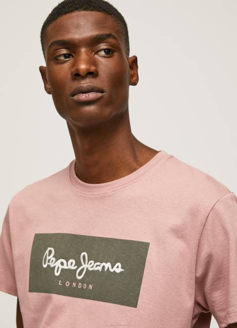 Pepe Jeans brodeerattu logollinen puuvillainen t-paita miehet valkaisuaine pinkki TB00926 - Image 3