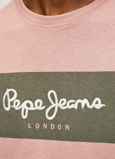 Pepe Jeans brodeerattu logollinen puuvillainen t-paita miehet valkaisuaine pinkki TB00926 - Image 4