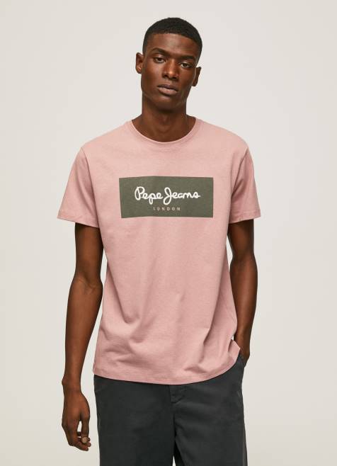 Pepe Jeans brodeerattu logollinen puuvillainen t-paita miehet valkaisuaine pinkki TB00926 - Image 1