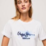 Pepe Jeans kaltevuuslogoinen puuvillainen t-paita naiset valkoinen TB00421