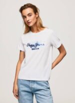 Pepe Jeans kaltevuuslogoinen puuvillainen t-paita naiset valkoinen TB00421 - Image 3