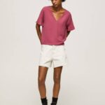 Pepe Jeans kreppitoppi, jossa röyhelöitä hihoissa naiset tumma poskipuna TB00375