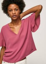 Pepe Jeans kreppitoppi, jossa röyhelöitä hihoissa naiset tumma poskipuna TB00375 - Image 3