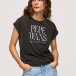Pepe Jeans kukkalogollinen puuvillainen t-paita naiset pesty mustaksi TB00403