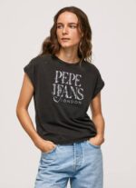 Pepe Jeans kukkalogollinen puuvillainen t-paita naiset pesty mustaksi TB00403