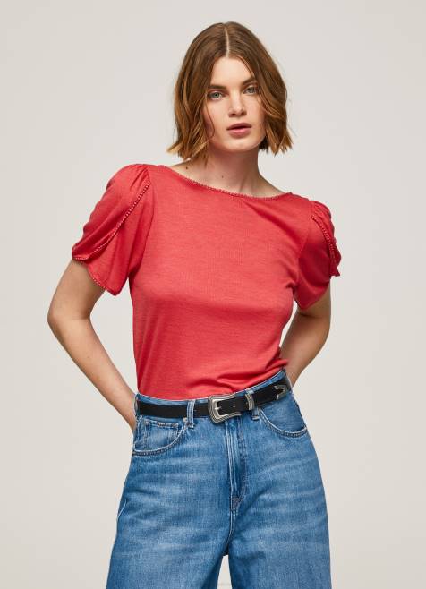 Pepe Jeans marmoroitu venekaulus t-paita naiset studio punainen TB00435 - Image 2