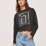 Pepe Jeans painettu pitkähihainen t-paita naiset pesty mustaksi TB00427