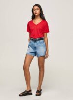 Pepe Jeans pellava v-kaula-aukkoinen t-paita naiset studio punainen TB00465 - Image 2