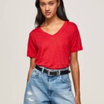 Pepe Jeans pellava v-kaula-aukkoinen t-paita naiset studio punainen TB00465