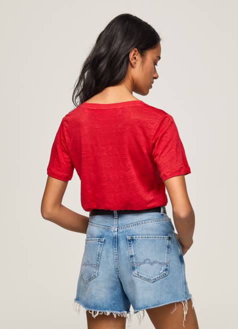 Pepe Jeans pellava v-kaula-aukkoinen t-paita naiset studio punainen TB00465 - Image 4