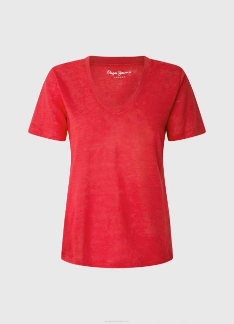 Pepe Jeans pellava v-kaula-aukkoinen t-paita naiset studio punainen TB00465 - Image 5