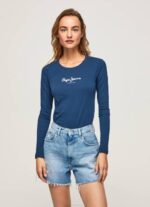 Pepe Jeans pitkähihainen puuvillainen t-paita naiset laivasto TB00472