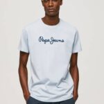 Pepe Jeans puuvillainen t-paita painettu logolla miehet valkaisu sininen TB00933