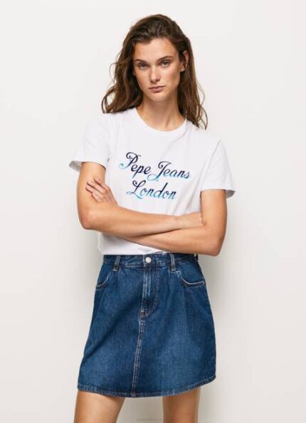 Pepe Jeans puuvillainen t-paita painettu logolla naiset valkoinen TB00411