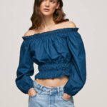 Pepe Jeans puuvillapopliinirajattu istuva toppi naiset valtameri TB00360
