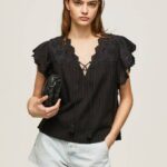 Pepe Jeans puuvillapusero harjakattoisilla yksityiskohdilla naiset musta TB00336