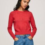 Pepe Jeans puuvillatrikoo harjakattoisilla yksityiskohdilla naiset studio punainen TB00259