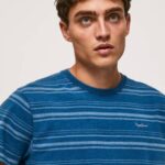 Pepe Jeans raidallinen printti puuvillainen t-paita miehet indigo TB00966