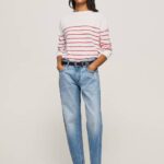 Pepe Jeans raidallinen printti puuvillajersey naiset valkoinen TB00238