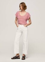 Pepe Jeans raidallinen printti t-paita naiset studio punainen TB00446 - Image 2