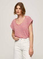 Pepe Jeans raidallinen printti t-paita naiset studio punainen TB00446 - Image 3