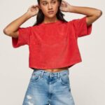 Pepe Jeans rajattu istuvuus sametti t-paita naiset studio punainen TB00460
