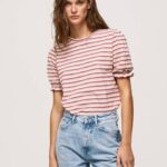 Pepe Jeans röyhelöhihainen raidallinen t-paita naiset tumma poskipuna TB00392