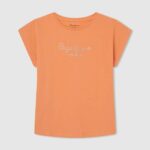 Pepe Jeans strassilogoinen puuvillainen t-paita tyttö persikka TB001451