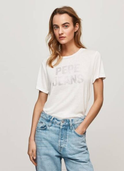 Pepe Jeans t-paita strassiprintillä logolla naiset valkoinen TB00451