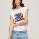 Pepe Jeans Union Jack -printti t-paita naiset valkoinen TB00415