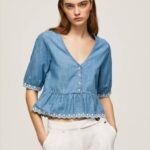 Pepe Jeans v-kaula-aukkoinen denimpusero naiset sininen TB00369