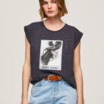 Pepe Jeans valokuvaprintti t-paita naiset pesty mustaksi TB00388